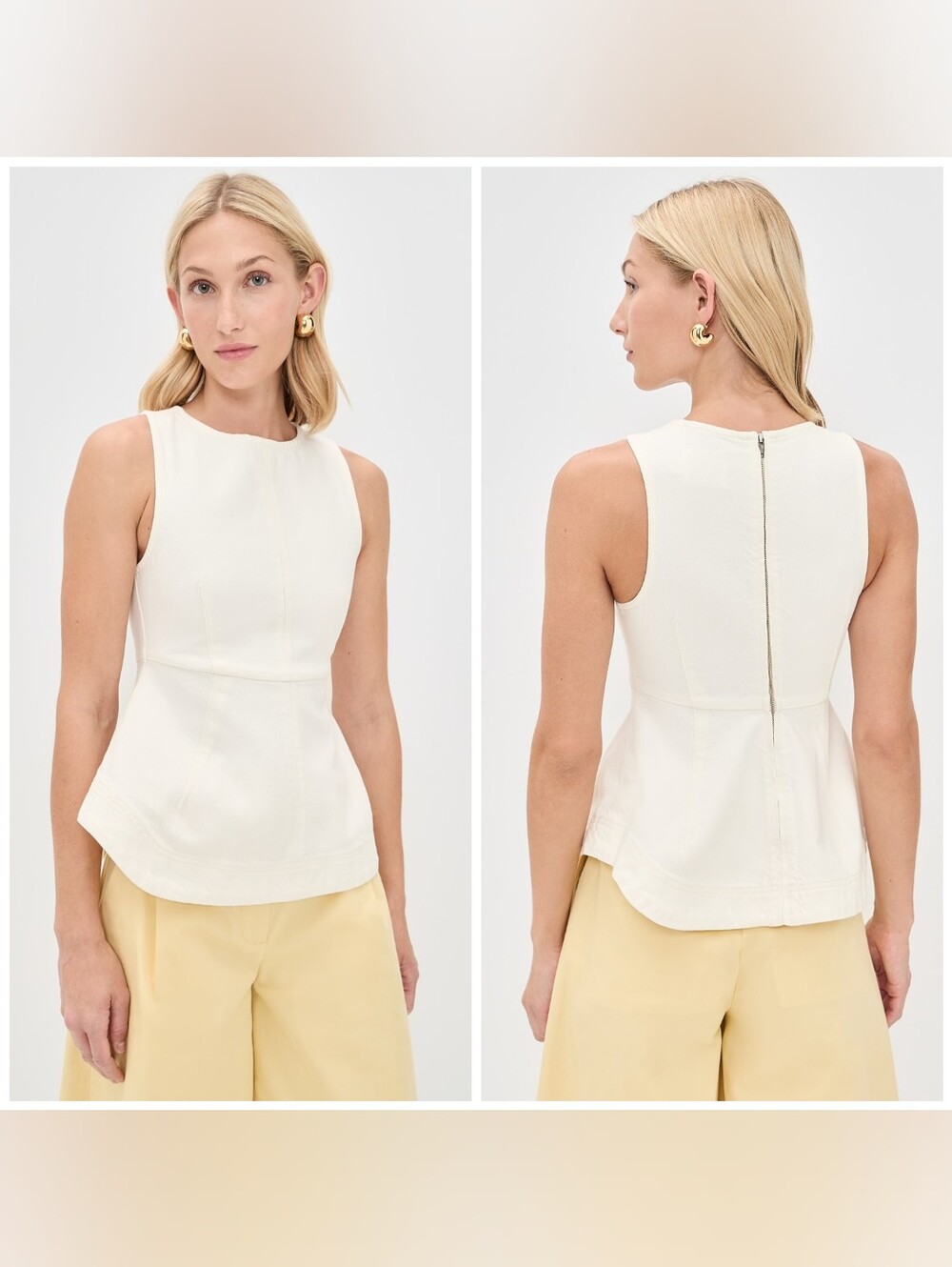 Aligne Chlo Sleeveless Organic Cotton Peplum Top, Size 10 Ecru, Denim Peplum Top